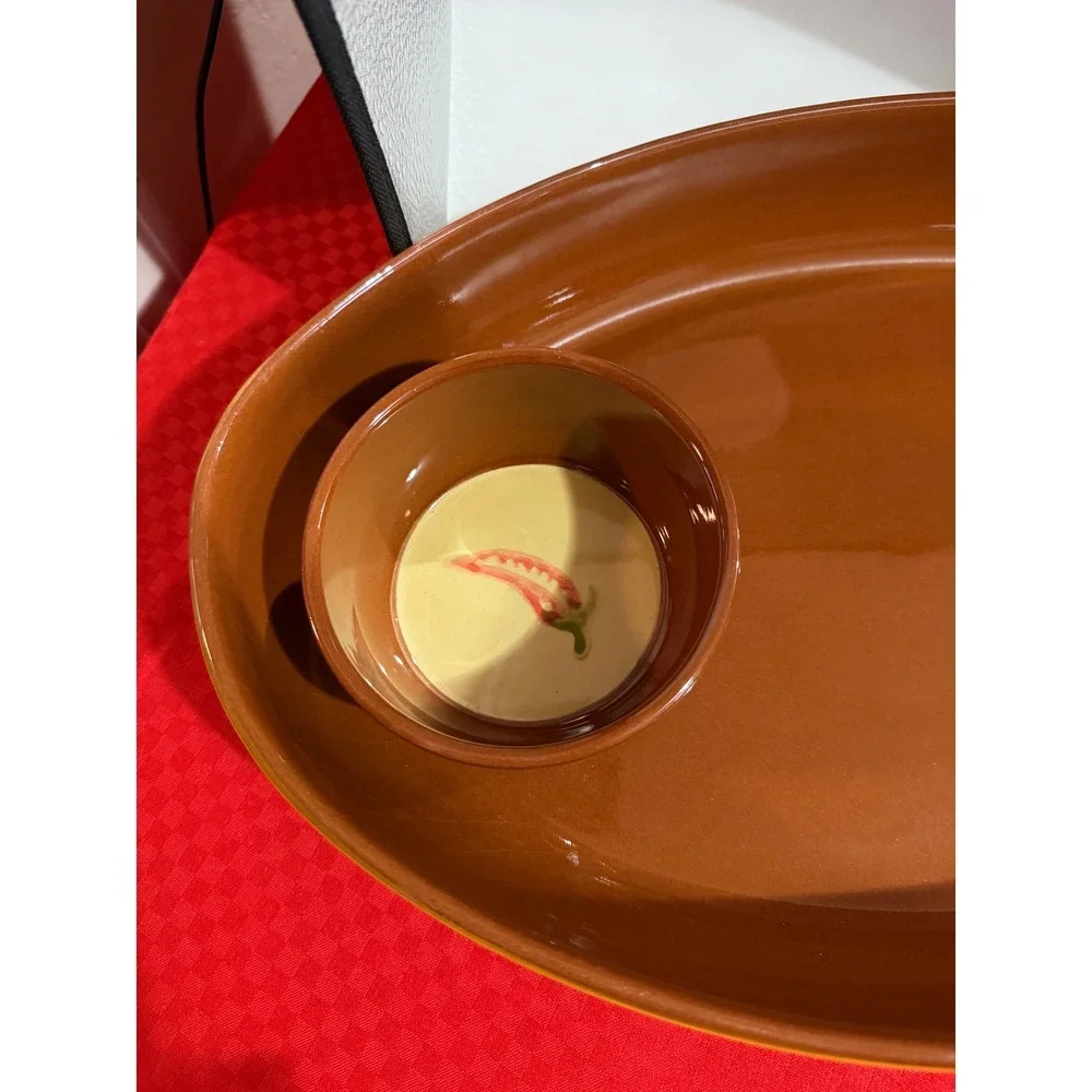 Sur La Table Ceramic Chip and‎ Dip Platter Portugal Brown Striped Chili Pepper